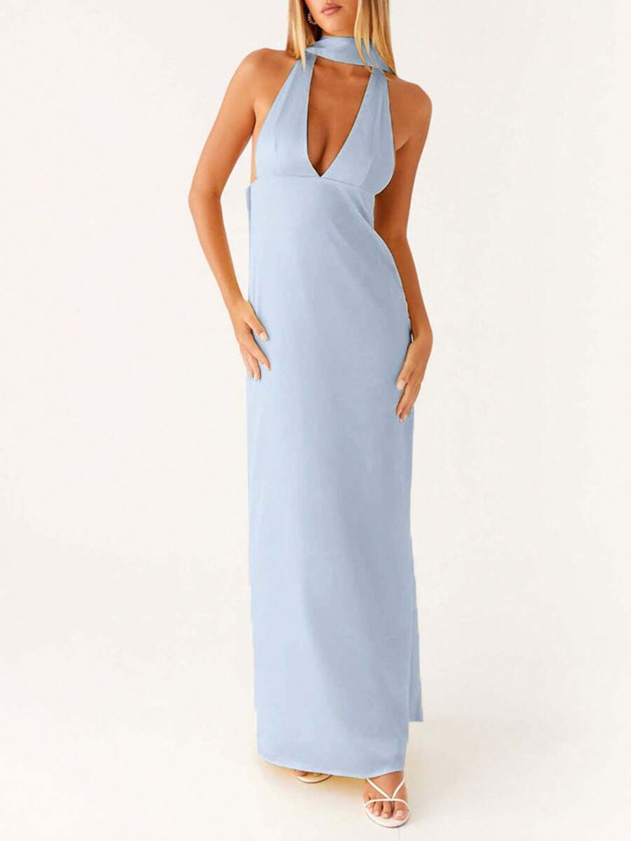 Women Sexy Halter Long Dress With Scarf Y2k Floral Deep V Neck Open Back Formal Cocktail Maxi Dresses - Màu xanh lam - Xem 1