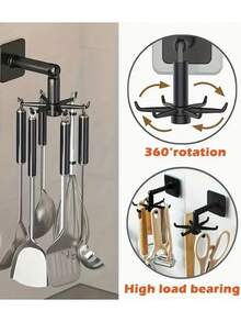 2pcs 360° Rotatable Pot Rack - No Drilling Required, Wall-Mounted, Expandable Black Plastic Kitchen Organizer Rack With Round Ceiling Storage Shelf, Suitable For Spoons, Ladles And More - Multicolor - View 6