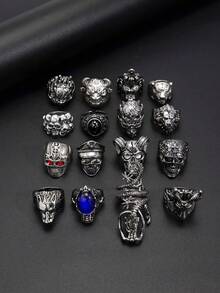 16pcs Punk Style Sheep/Tiger Head/Skull Finger Rings, Black/Blue Crystal Embellished, Men's Casual Daily Wear - Antique Silver - View 4