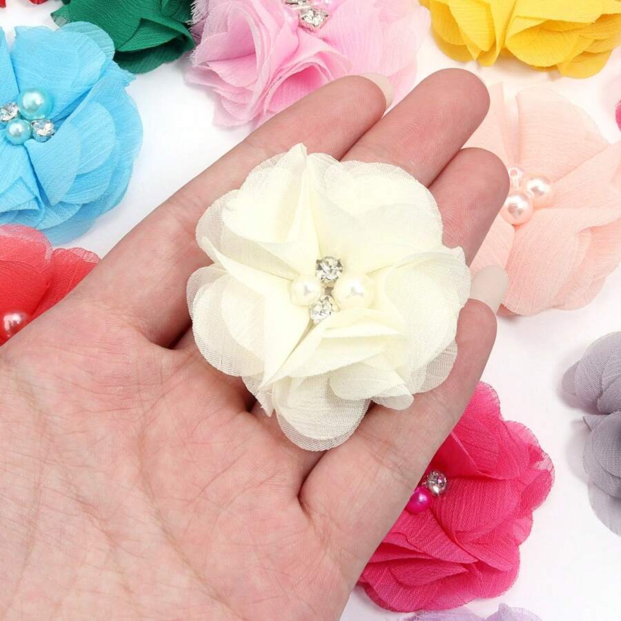 4 件/包 6 厘米雪纺仿珍珠水钻手工花，柔软花卉 DIY 配饰，可用于发夹、头饰、婚纱、服装和鞋子，多色可选 - 彩色 - 查看 1