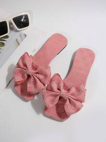 Square Toe Vintage Rose Print Elegant Casual Beach Resort Fashion Square Toe Bowknot Polyester Soft Ballet Flat Slide Sandals For Women, Suitable For Wedding, Party, Office, Home, Outdoor, Summer