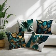 [2D Flat Printing] 4pcs 3D Green And Gold Leaf Print Pattern Pillow Covers [Without Pillow Insert], 17.7*17.7in (45*45cm), [Single-Sided Printing] Polyester Decorative Cushion Covers For Sofa, Bed, Living Room, Bedroom, Car, Office, Hotel, Room Decor, Home Decor, Bedroom Decor, All Season, Perfect Gift For Family And Friends