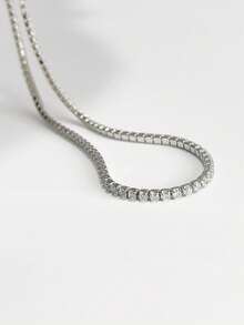 1pc Women's Fashion Bling Bling Copper Zirconia Stone Short Choker Necklace, Versatile Everyday Accessory, Gift - Silver - View 3
