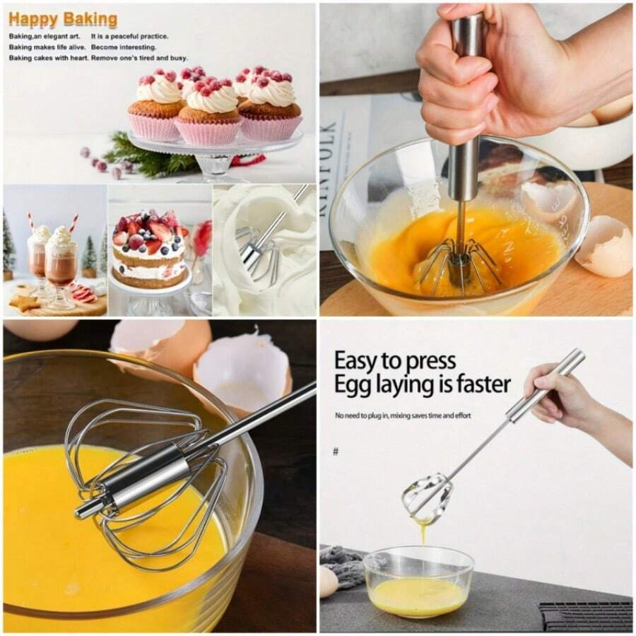 Batidor de huevos semiautomático de acero inoxidable Batidora manual de huevos de acero inoxidable: Cree fácilmente deliciosos platos - 1 pieza (25cm) - Ver 1