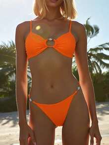 Elegant Round Ring Solid Color Slimming Sexy Padded Women's Bikini - Orange - View 2