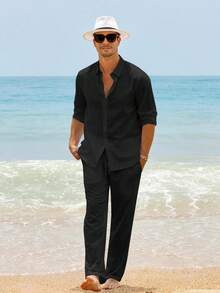 Runcati Men 2 Piece Cotton Linen Sets Outfits Drawstring Pants Button Down Long Sleeve Shirts Casual Beach Wedding Fashion Sets - màu đen - Xem 1