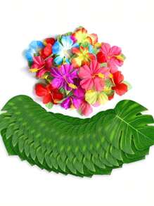 20 piezas de decoraciones de fiesta tropicales vibrantes, hojas de palma y flores de hibisco artificiales | Colores surtidos | Decoración de fiesta | Tema hawaiano luau, selva, playa, decoración de mesa para fiesta de cumpleaños de barbacoa