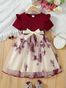 coviviky Top de manga corta acanalado y vestido con aplicación de mariposa bordada y sobrecapa de tul para niñas, cómodo y elegante para fiestas y eventos