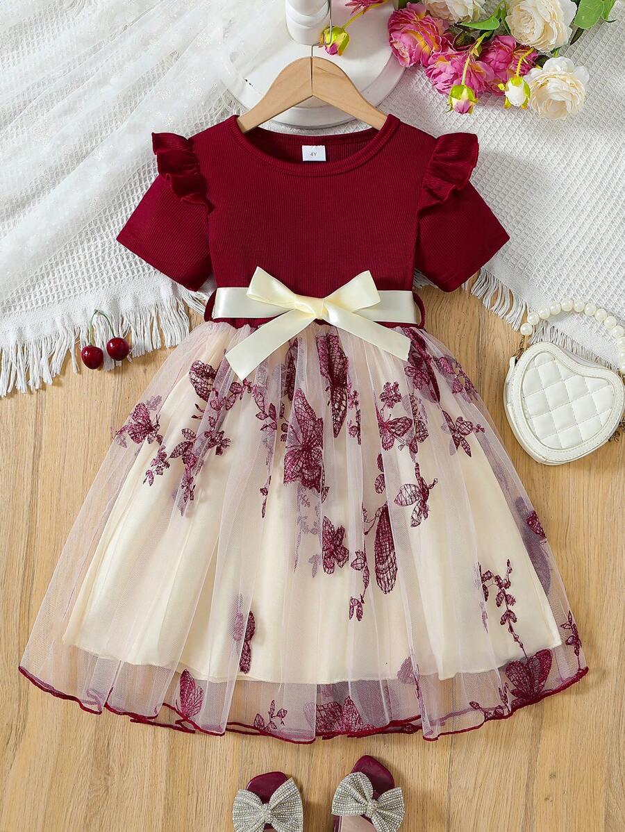 coviviky Top de manga corta acanalado y vestido con aplicación de mariposa bordada y sobrecapa de tul para niñas, cómodo y elegante para fiestas y eventos