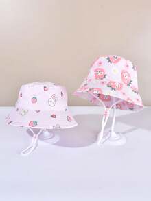 1pc Children's Rabbit & Strawberry Print Cartoon Sun Hat, Adjustable All Season Windproof Bucket Hat For Spring/Summer - Rabbit - View 2