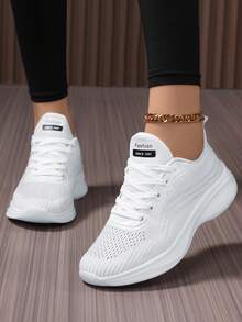 Women's Low-Top Athletic Sneakers With Striped Pattern, Breathable Mesh, Soft & Lightweight, Elastic Lace-Up, Suitable For All Seasons Walking & Sports - White - View 4