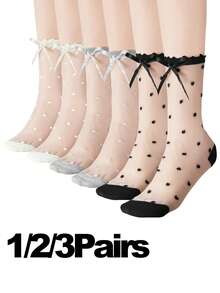 1 Pair/2 Pairs Japanese Style Polka Dot Socks, Sheer Crystal Silk Mesh Bowknot Ballet Transparent Mid-Calf Socks For Women, Summer, Fall