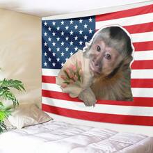1pc Funny Monkey And Tulip Tapestry With American Flag Background, Decorative Wall Hanging Suitable For Living Room, Bedroom, Office, Humorous Decor, Pet And Floral Theme, All-Season, Made Of Polyester, Comes With 3 Wall Nails And 2 Clips