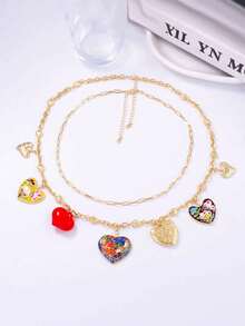 1pc Bohemian Style Alloy Oil Drop Multi-Heart Pendant Layered Chain Necklace For Women - Chain Necklace - View 8
