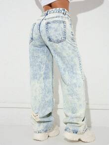 Jeans rectos de cintura alta con bolsillos laterales y abertura, estilo vintage Y2K, casual, color blanco, para primavera - Blanco - Ver 3