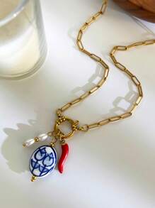 Monlansher Nuova collana con ciondolo in acciaio inossidabile per donna, design alla moda con timone e fibbia rotonda, con ciondoli in ceramica smaltata a forma di peperoncino e finta perla, collana versatile