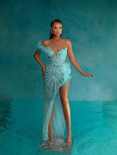 New Pearl Embellished Sexy Women's Evening Party Dress, Formal, Gown, For Wedding Guest