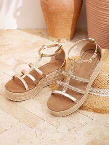 Women's 2025 Summer New Arrival Straw Braid Sandals, Vacation Style Wedge Heel Platform Canvas Sole Ankle Strap Sandals - Gold - View 8