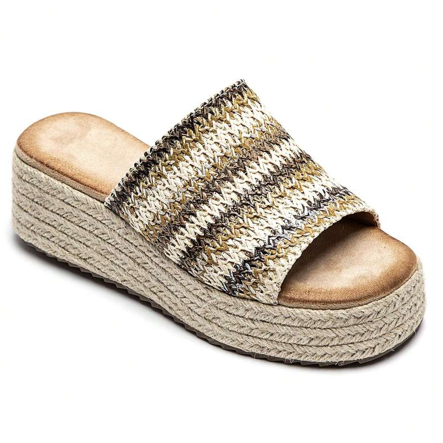 Mules à Plateforme Tressée Avec Semelle Corde Et Motif Tissé Fantaisie - Màu Khaki - Xem 1
