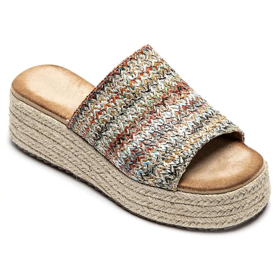 Mules à Plateforme Tressée Avec Semelle Corde Et Motif Tissé Fantaisie - Multicolor - View 1