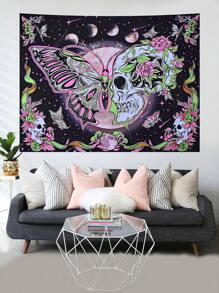 Gothic Butterfly Skull Tapestry Moon Phase Celestial Neon Boho Wall Art Mystical Nursery Decor Handcrafted Alternative Spaces Vibrant Floral Cosmic Tones