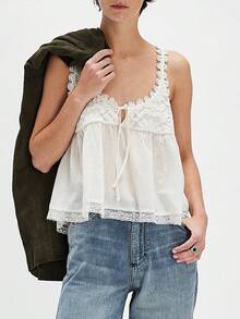Women Lace Tie Front Tank Top Sleeveless Scoop Neck Lace Trim Sheer Ruffle Crop Vest Tops Summer Y2k Cute Cami Shirt - 白色 - 查看 2