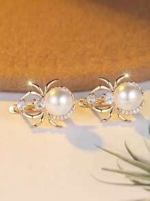 1 par de exquisitos pendientes dorados de araña con circonita cúbica blanca y perla falsa, un regalo de joyería para mujeres y niñas, regalo de cumpleaños