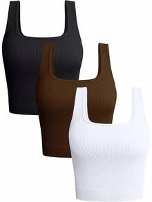 OQQ Women's 3 Piece Tank Tops Ribbed Seamless Workout Exercise Shirts 2025 Summer Basic Camis - Black Coffee White - View 1