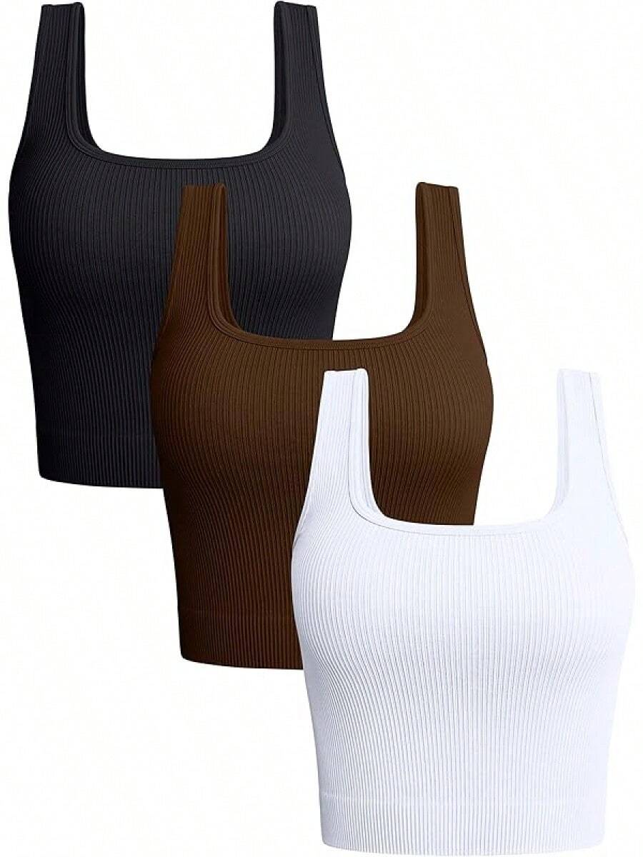 OQQ Women's 3 Piece Tank Tops Ribbed Seamless Workout Exercise Shirts 2025 Summer Basic Camis - Black Coffee White - View 1