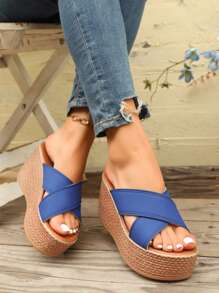 Sandales compensées à semelle épaisse pour femmes, tailles grandes, mules à plateau de couleur unie avec croisillon