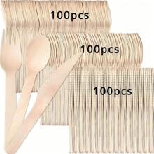 75/150/300 Sets Of Disposable Wooden Cutlery, 5.51 Inches Long, Including Spoons, Forks, And Knives (25 Pieces Per Set, 50 Pieces Per Set, 100 Pieces Per Set), Cake Dessert Ice Cream Spoons, Suitable For Birthday, Party Supplies, Christmas Gifts, Birthday Banquet Tableware, Graduation Season, Wedding And Home Decoration, Tableware, Kitchen Accessories And Home Kitchen Utensils / Disposable Tableware Sets