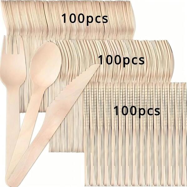 75/150/300 Sets Of Disposable Wooden Cutlery, 5.51 Inches Long, Including Spoons, Forks, And Knives (25 Pieces Per Set, 50 Pieces Per Set, 100 Pieces Per Set), Cake Dessert Ice Cream Spoons, Suitable For Birthday, Party Supplies, Christmas Gifts, Birthday Banquet Tableware, Graduation Season, Wedding And Home Decoration, Tableware, Kitchen Accessories And Home Kitchen Utensils / Disposable Tableware Sets