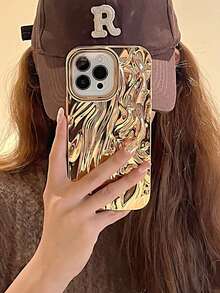 Shockproof Asymmetrical Ripple Asymmetric Ripple Electroplated Gold Fashion Asymmetrical Ripple Texture Electroplated Crinkle Phone Case Protective Cover Compatible With IPhone 17/17 Pro/7 Pro Max Birthday Gift Spring Anniversary International Version Not The Domestic Version - Gold - View 1
