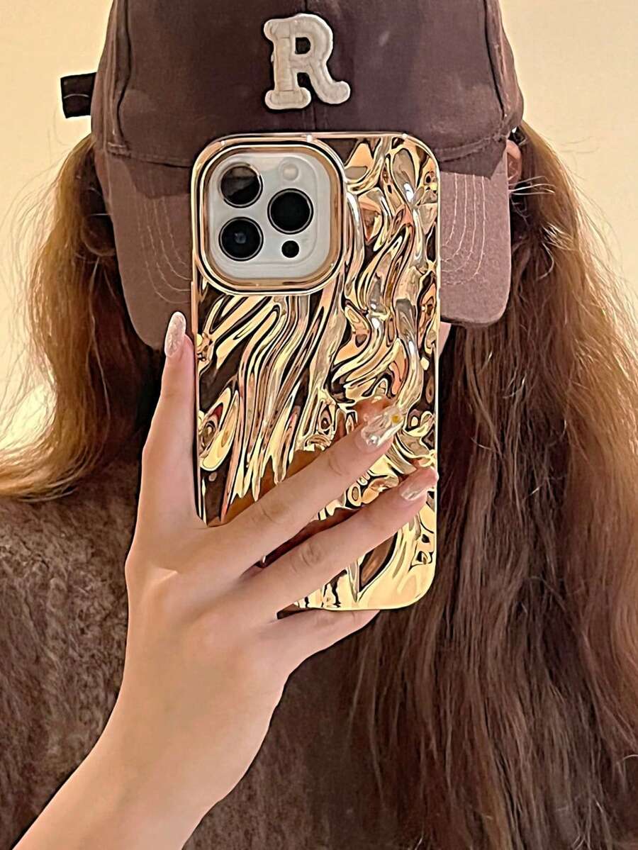 Shockproof Asymmetrical Ripple Asymmetric Ripple Electroplated Gold Fashion Asymmetrical Ripple Texture Electroplated Crinkle Phone Case Protective Cover Compatible With IPhone 17/17 Pro/7 Pro Max Birthday Gift Spring Anniversary International Version Not The Domestic Version - Gold - View 1