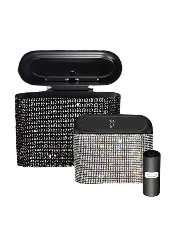 1pc Shiny Car Trash Can With Lid, Side Hanging Trash Bin Set With Garbage Bags