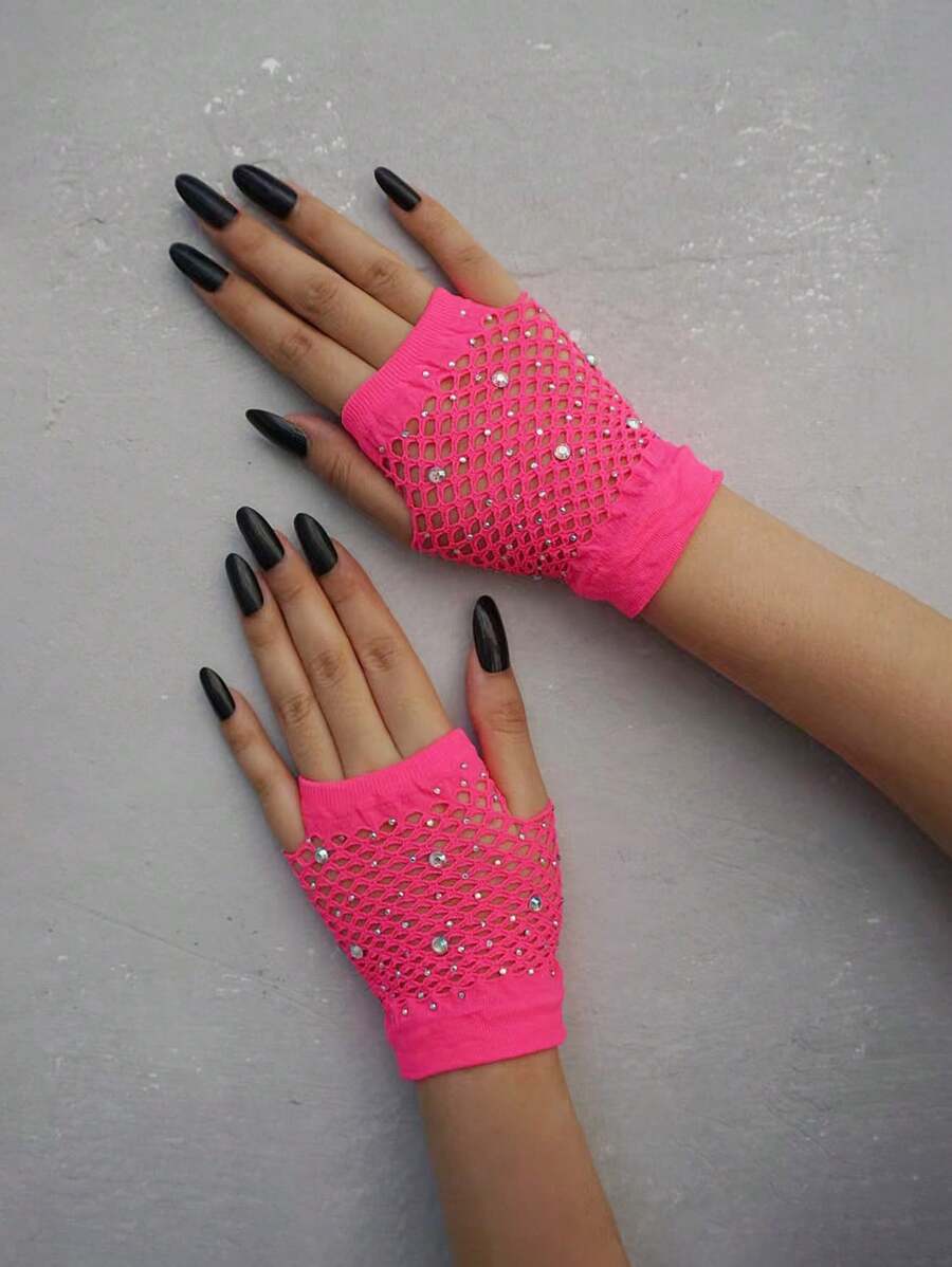 1 Pair Rhinestone Mesh Decor Fuchsia Party Gloves