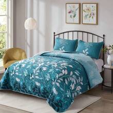 3 Pieces Blue Floral Quilt Set, One Set Included 1 Bedspread With 2 Pillowcases, Twin Full Queen King Size Botancal Leaves Bedding Sets Soft Grayish Blue Gradient Lightweight Microfiber Coverlet Set For All Season, Home Bedroom Decro,Christmas Day Gifts Home Decor Room Decor Bedroom Decor Bed Comforter Set Mothers Day Gift Wedding Decorations - Blue - View 31