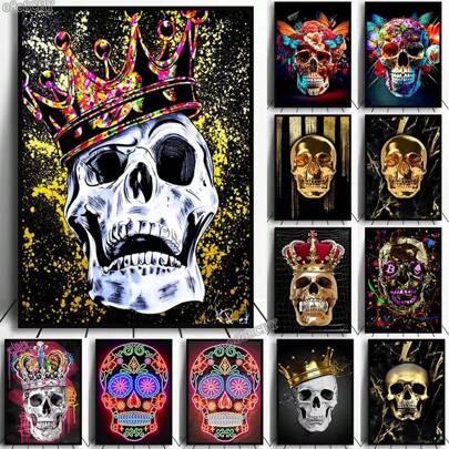 1pc Wall Arts Posters FramelessVintage Bandwidth Abstract Art Skeleton Graffiti Canvas Painting Black Gold Skull Fashion Poster Flower Skull Mural Home Decoration Mural ,Wall Art With Frame