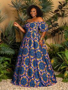 Faeriesty Große Größen elegantes Maxikleid mit Off-Shoulder Kurzarmen, ausgestellter Rock in Große Größen und kräftigem rot-gelbem geometrischem Muster - perfekt für Strandhochzeiten, tropische Partys und saisonale Ausflüge (leichtes und vielseitiges Design) Sommerkleid Frühlings Mode - Blau - Übersicht 6