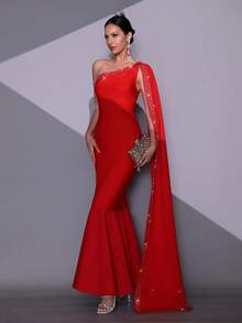 红色性感单肩闪亮钻石美人鱼绷带晚礼服开袖优雅婚礼伴娘服宾客生日派对节日舞会表演服女士正式晚宴礼服 - 紅色 - 查看 4