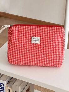 Cranberry Red Plaid Portable Toiletry Makeup Bag, Soft Cloth Surface Storage Bag For Home And Travel, Women's Handbag Toiletry Bags Summer Travel Essentials For Beach Vacation Holiday School Supplies Dorm Essentials Back To School - Multicolor - View 11