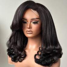 Yaki Kinky Straight Bob Wig Side Part 4x1 Lace Part Short Curly Wavy Loose Wave Wig For Glueless Lace Part Synthetic Wig Shoulder Length Body Wave Wig - Natural Black - View 2