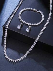 4pcs Set, Fashionable & Luxury Necklace Suit, Cubic Zirconia Banquet Elegant Necklace, Bracelet, Earrings Set For Women, Summer Accessory, Holiday Gift, Mother's Day Present - Hot Pink - View 2