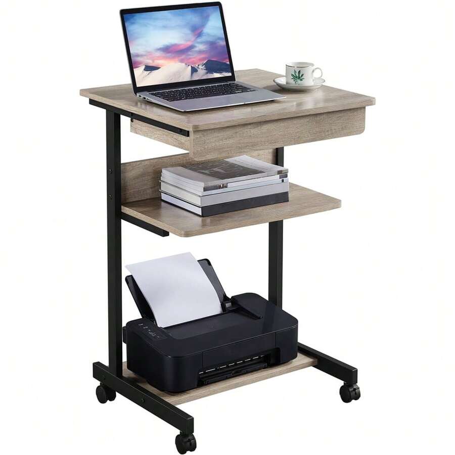 Alden Design Rolling Computer Desk With 2 Storage Shelves And Drawer, Black - Rustic Gray - View 1