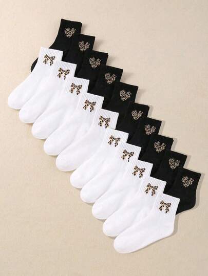 10 Pairs Of Children's Long Socks With Love Bow Leopard Print Suitable For Daily Life, Boys And Girls, Children's Socks