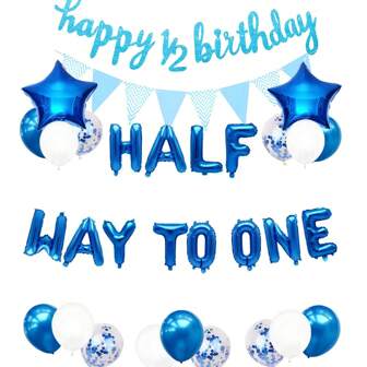37pcs Blue Half Way To One Banner Half Way To One Balloons Decorations 1/2 Happy Birthday Decorations