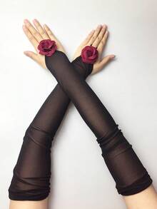 1 Pair Solid Color Elegant Women Finger-Less 48cm Gloves, Suitable For Birthday Party, Performance, Bachelorette Party, Spring/Summer - Camellia Hook Finger - View 1