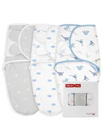 GLLQUEN BABY 3 包有机婴儿襁褓睡袋，适合新生儿 - 婴儿襁褓 0-3 个月，婴儿襁褓袋，恐龙图案襁褓，婴儿襁褓毯包裹（小号），适用于嘴巴和手部，经 Oeko-Tex 认证