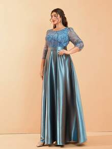 Long Sleeve Round Neck Sequin Patchwork Satin Dress With Flared Hem - Dusty Blue - View 5