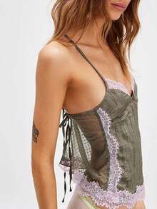 Women Sexy Silk Cami Crop Tops Lace Patchwork Camisole Tops Spaghetti Strap Sleeveless Backless Tank Tops Summer Teen Girls Going Out Tops Aesthetic Clothes Club Streetwear - Green - View 3